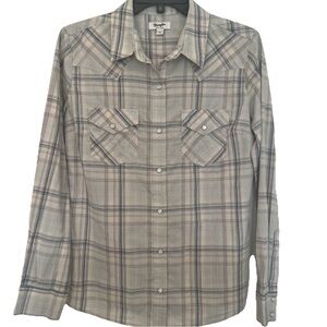 Wrangler Retro Western Women’s Small Shirt Beige Stripe Neutral Pearl Snaps EUC